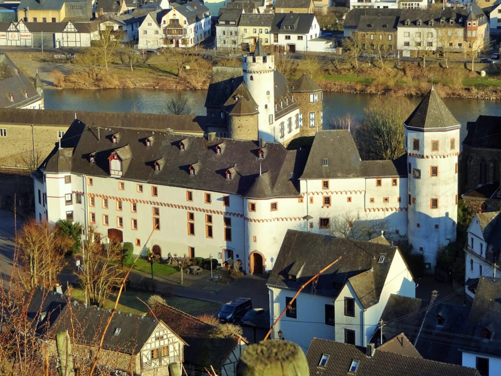 Drohnenaufnahme des Schloss von der Leyen in Gondorf