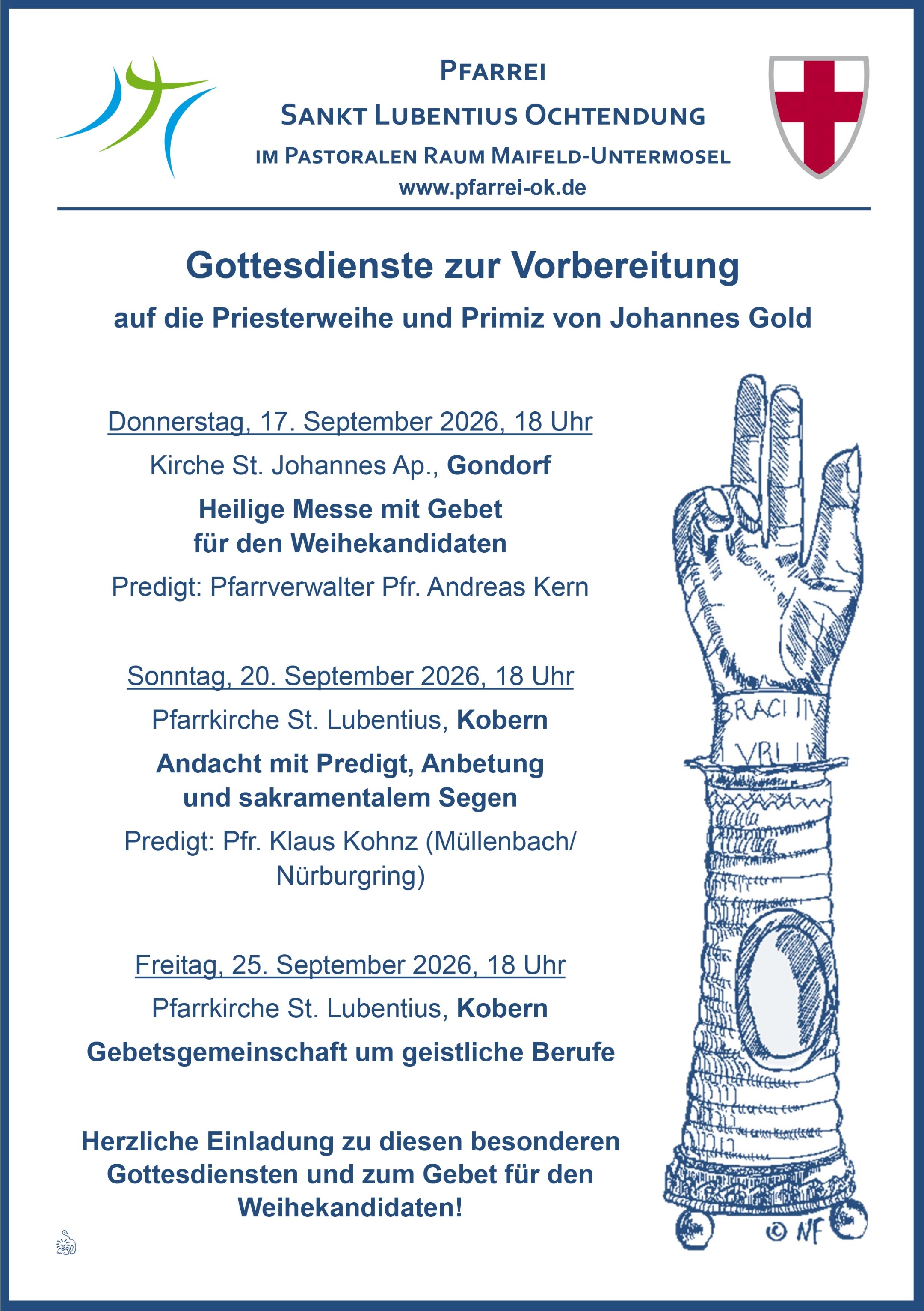 Plakat zur Priesterweihe von Johannes Gold - Vorbereitungsgottedienste - mit dem Logo der Pfarrei und des Bistums - Lubentius-Reliquiar aus Kobern