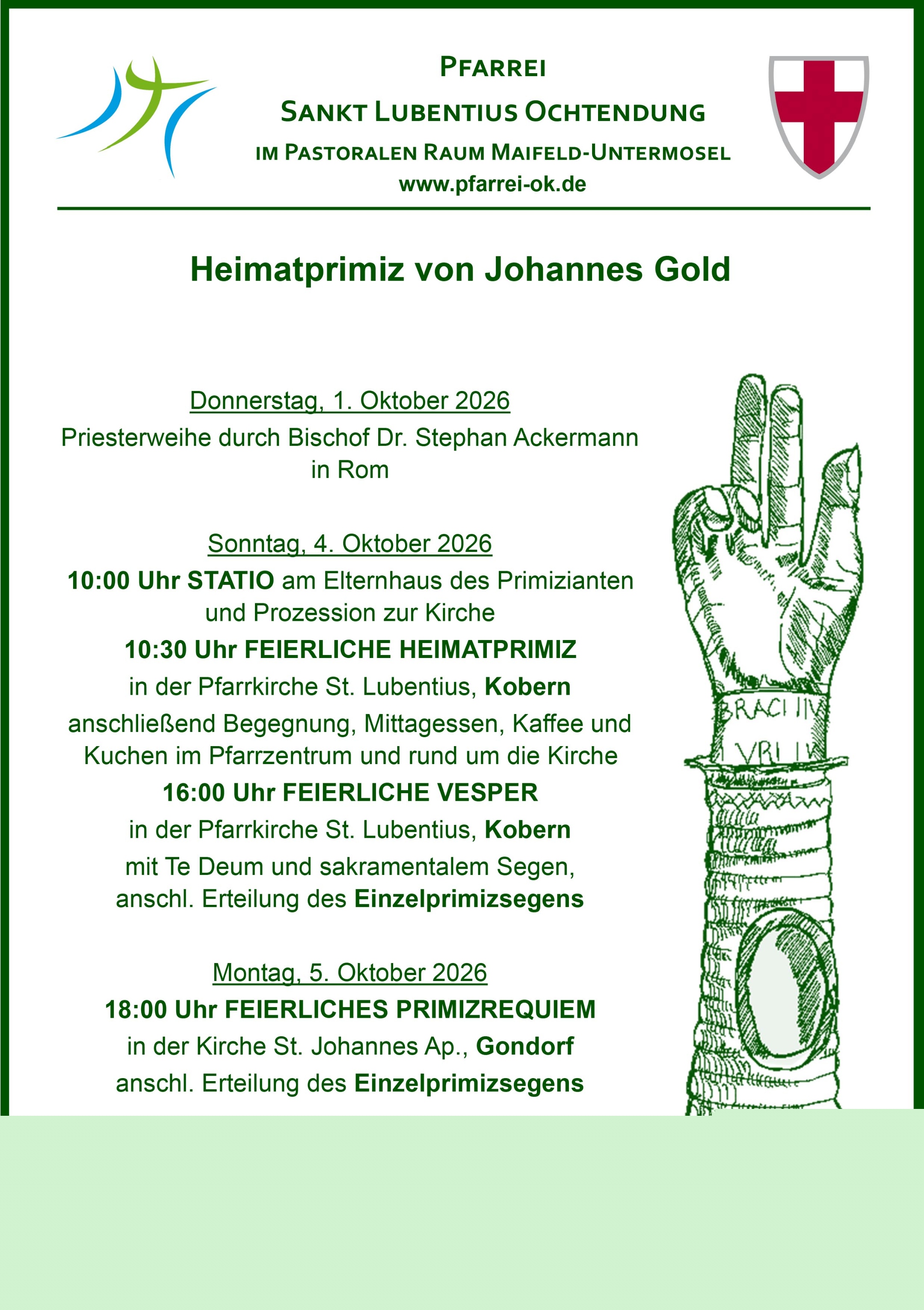 Plakat Priesterweihe Johannes-Gold Plakat zur Priesterweihe von Johannes Gold - Primiz - mit dem Logo der Pfarrei und des Bistums - Lubentius-Reliquiar aus Kobern